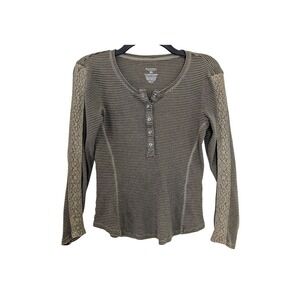 Sonoma Womens Petite Small Olive Green Striped Henley Crochet Long‎ Sleeve Top